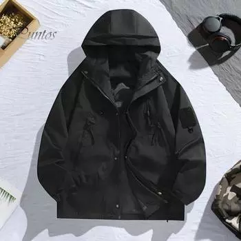 Осенняя уличная куртка с капюшоном, длинными рукавами, множеством карманов, куртка на молнии, однотонная ветрозащитная, непромокаемая, для скалолазания XL флуоресцентный зеленый