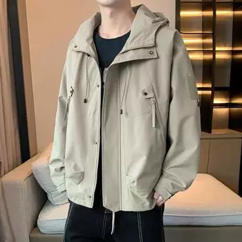 Осенняя уличная куртка с капюшоном, длинными рукавами, несколькими карманами, куртка на молнии, однотонная, ветрозащитная, непромокаемая, для скалолазания S коричневый