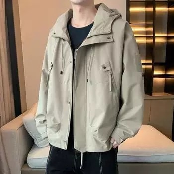 Осенняя уличная куртка с капюшоном и длинными рукавами, многокарманная куртка с застежкой-молнией, однотонная XL чёрный