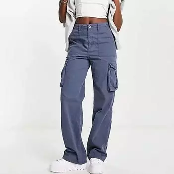 Осенняя уличная одежда, длинные брюки со средней талией, женские модные повседневные брюки со свободными карманами, женские однотонные элегантные женские брюки с высокой талией 29606 XS темно-синий