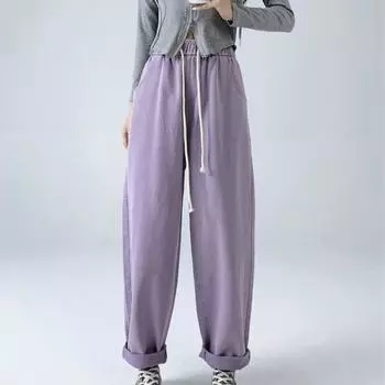 Осенняя уличная одежда, свободные джинсы с высокой талией для женщин, модные повседневные широкие брюки с карманами, офисные женские прямые брюки 28983 M чёрный