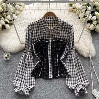 Осенняя универсальная рубашка в клетку с пышными рукавами и талией во французском нишевом дизайне с кружевной строчкой