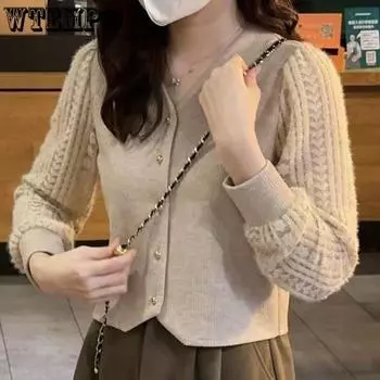 Осенняя утепленная корейская версия иностранного стиля с V-образным вырезом, трикотажная универсальная блузка с тонким кружевом в складку S