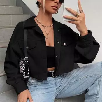 Осенняя вельветовая короткая куртка, новая мода, повседневная черная рубашка с лацканами и длинным рукавом, пальто для женщин, большой размер, элегантная простая одежда 1360 S чёрный