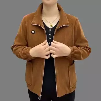 Осенняя вельветовая куртка с длинным рукавом женская большого размера свободного кроя повседневный однотонный топ для среднего и пожилого возраста XXXXXL