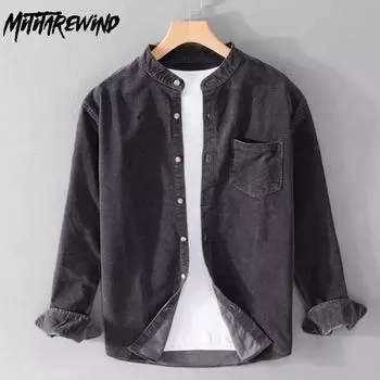 Осенняя вельветовая мужская одежда, повседневная, 100% хлопок, повседневные рубашки с длинным рукавом для мужчин, японский ретро-стиль, воротник-стойка, серая рубашка M чёрный