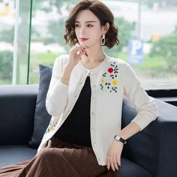 Осенняя верхняя одежда, вязаный кардиган, свитер, женский свободный зарубежный платок с вышивкой и круглым вырезом, свитер с длинными рукавами, кардиган, женский топ