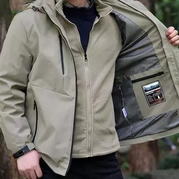 Осенняя ветровка, мужская верхняя одежда с капюшоном, пальто, мужская свободная повседневная куртка на молнии со съемным капюшоном, модная одежда для альпинизма M чёрный