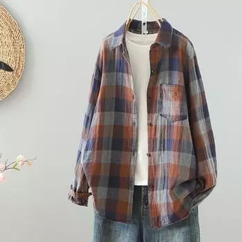 Осенняя винтажная двухслойная клетчатая рубашка из хлопчатобумажной пряжи с длинными рукавами для женщин M