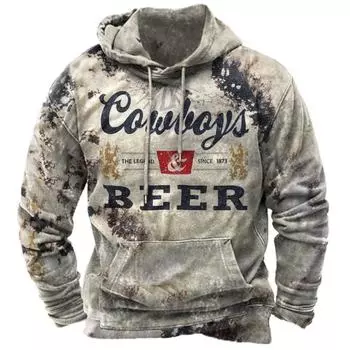 Осенняя винтажная толстовка с капюшоном для мужчин с ковбойским принтом, длинный рукав, свободная толстовка, повседневная уличная мужская одежда, классический стиль, пуловер S