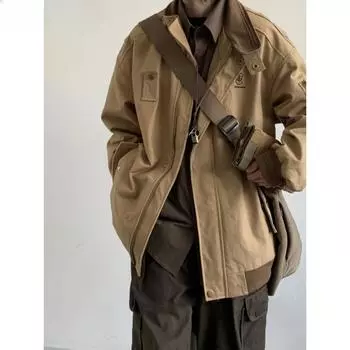 Осенняя винтажная вышитая рабочая куртка для пар, мужская и женская куртка с лацканами в цветных блоках S дубильная кора