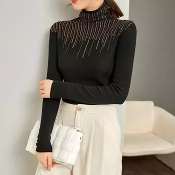 Осенняя водолазка из шелка и шерсти в полоску и ромбовидную клетку 2024 года: Женский тонкий теплый вязаный свитер 120 чёрный