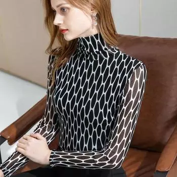 Осенняя водолазка, нижняя женская футболка с длинными рукавами и внутренней частью, топ из сетчатой пряжи S