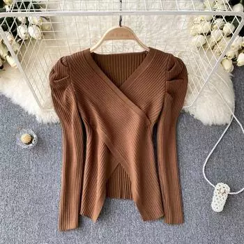 Осенняя вязаная рубашка с V-образным вырезом и нерегулярным крестом, великолепная сотня, модная внутренняя часть для ремонта тела, нижняя рубашка с длинными рукавами