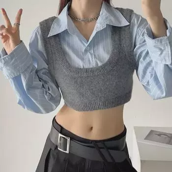 Осенняя вязка из двух частей: Сексуальный укороченный жилет и топ с высокой талией, открывающий живот Small хаки