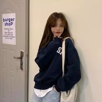 Осенняя вышитая буква тонкая толстовка с капюшоном свободная круглая горловина с длинными рукавами верхняя куртка для женщин M темно-синий