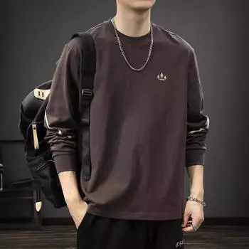 Осенняя вышитая футболка с длинными рукавами, мужская американская модная брендовая свободная рубашка из плотного хлопка, свитер с круглым вырезом M темно-серого