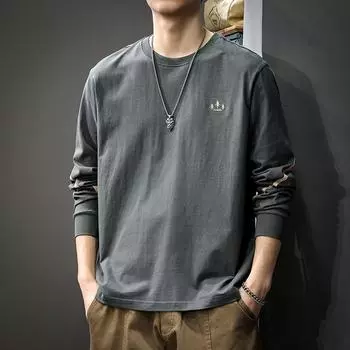 Осенняя вышитая футболка с длинными рукавами, мужская американская модная брендовая свободная рубашка из плотного хлопка, свитер с круглым вырезом M темно-серого