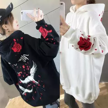 Осенняя вышивка теплая толстовка с капюшоном женская новая свободная толстовка пальто верхняя одежда толстовки топы одежда с капюшоном элегантные женские толстовки M чёрный