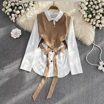 Осенняя высококачественная свободная однобортная белая рубашка с длинными рукавами и лацканами, женский жилет, комплект из двух предметов