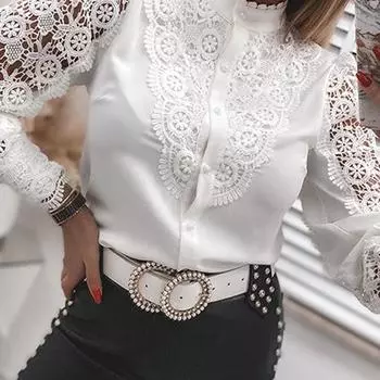 Осенняя женская элегантная кружевная полая белая рубашка, свободная пуговица, женская блузка S белый