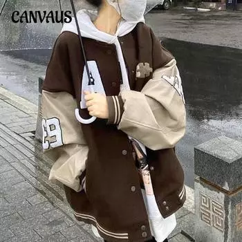 Осенняя женская бейсбольная куртка больших размеров с принтом в виде цветного коллизионного узора и букв S коричневый