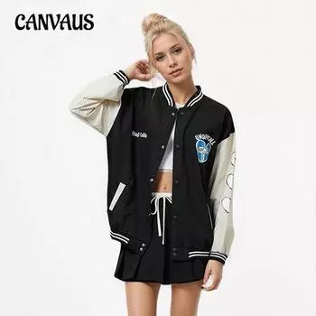 Осенняя женская бейсбольная куртка свободного покроя с воротником-стойкой, контрастного цвета M чёрный