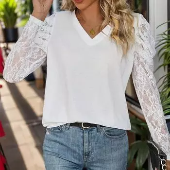 Осенняя женская белая футболка-пуловер с кружевным верхом S белый