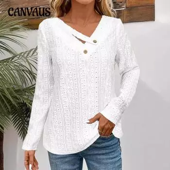 Осенняя женская блузка больших размеров с V-образным вырезом и длинным рукавом, повседневный топ S белый