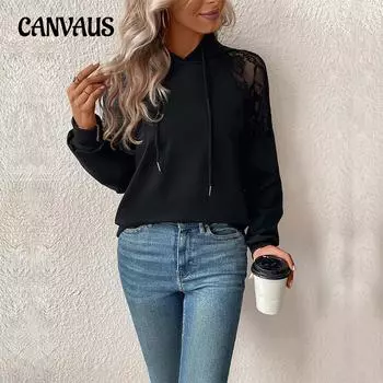 Осенняя женская блузка, модная, с длинным рукавом, с капюшоном, удобный повседневный черный топ S чёрный