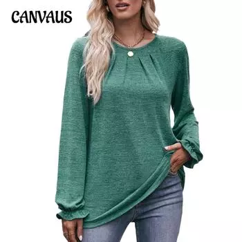 Осенняя женская блузка, повседневный плиссированный топ с длинным рукавом с круглым вырезом и начесом