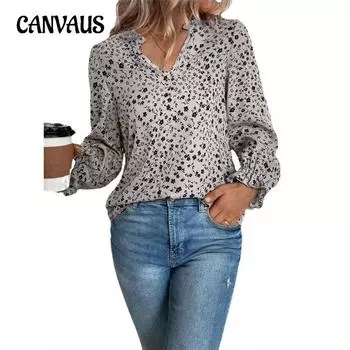 Осенняя женская блузка с цветочным принтом, пуловер с v-образным вырезом, милая рубашка с длинными рукавами и рюшами S абрикосовый