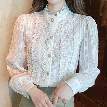 Осенняя женская блузка с длинным рукавом, белая кружевная блузка, рубашка, женские топы, блузка с воротником-стойкой, женская одежда J16 S белый