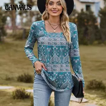 Осенняя женская блузка с длинным рукавом и квадратным вырезом, свободный удобный повседневный топ с принтом S