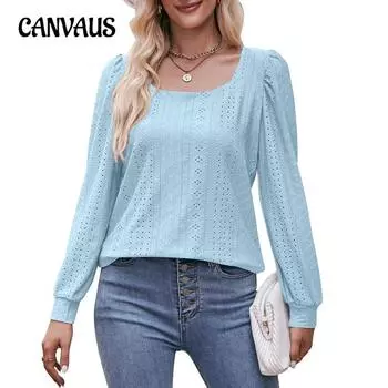 Осенняя женская блузка с квадратным вырезом, полые повседневные топы с длинными рукавами S чёрный