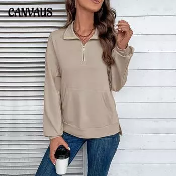 Осенняя женская блузка с лацканами на молнии, свободные повседневные удобные топы с длинными рукавами для отдыха S хаки