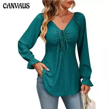 Осенняя женская блузка с v-образным вырезом и завязками на талии, сексуальные однотонные топы с длинными рукавами S чёрный