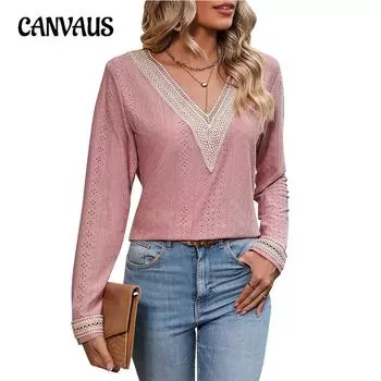Осенняя женская блузка с v-образным вырезом, золотые кружевные однотонные топы с длинными рукавами и отверстиями
