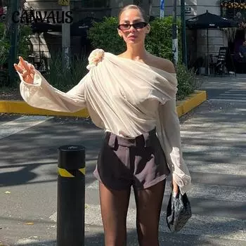 Осенняя женская блузка, сексуальная, модная, уличная, горячая, косые плечи, утягивающая футболка, топ S абрикосовый