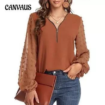 Осенняя женская блузка, свободная рубашка на молнии с v-образным вырезом, жаккардовая рубашка с длинными рукавами и рукавами-фонариками, однотонная рубашка в тон S жёлтый