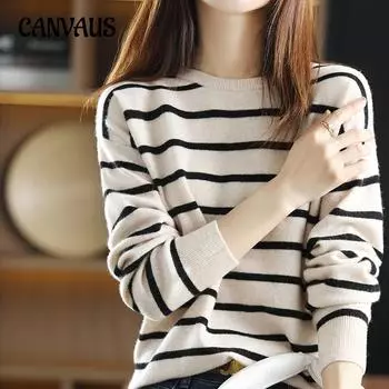 Осенняя женская блузка, свободный вязаный свитер с круглым вырезом, полосатый свитер с цветными блоками, пуловер, нижняя рубашка One Size