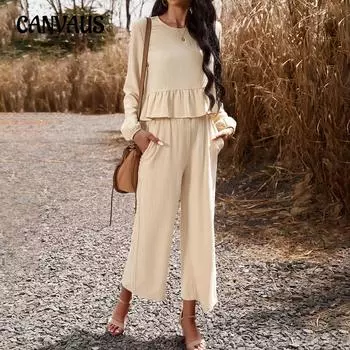 Осенняя женская блузка, темпераментный повседневный костюм, однотонный топ с длинными рукавами, свободные длинные брюки S чёрный