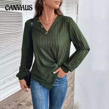 Осенняя женская блузка, удобный повседневный однотонный вязаный топ с v-образным вырезом и длинными рукавами S армия зеленый