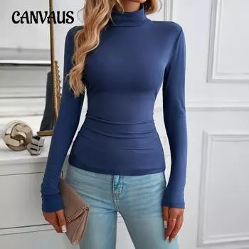 Осенняя женская блузка Y2K Solid Slim Half High Neck Long Sleeve Top S чёрный