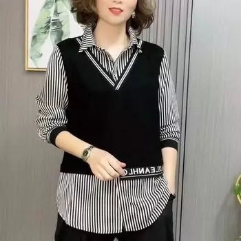 Осенняя женская большая мода и модная универсальная тонкая полоска, темперамент, свободная рубашка с воротником, имитация двух предметов S чёрный