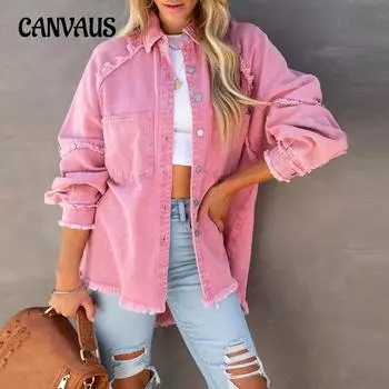 Осенняя женская джинсовая куртка с длинными рукавами, свободная куртка средней длины с необработанными краями S розовый