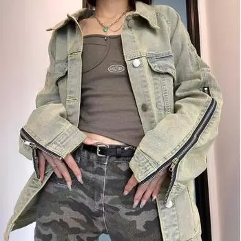 Осенняя женская джинсовая куртка, свободная куртка с лацканами на пуговицах, джинсовая куртка с длинными рукавами XXL зелёный