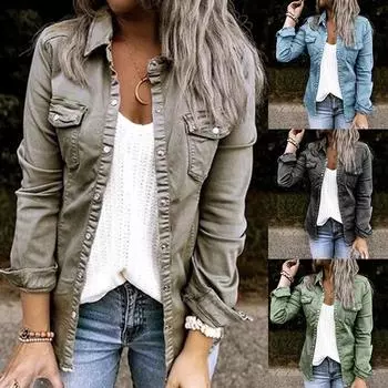 Осенняя женская джинсовая куртка, тонкая джинсовая куртка с карманами на пуговицах и лацканами, джинсовая куртка с длинными рукавами XXL чёрный