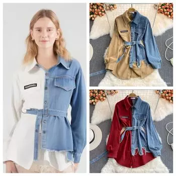 Осенняя женская джинсовая рубашка с лацканами и нестандартной талией, рубашка средней длины One Size белый