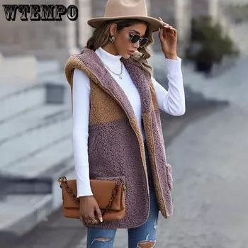 Осенняя женская флисовая куртка-кардиган средней длины с капюшоном и без рукавов, с цветными карманами и без пуговиц S